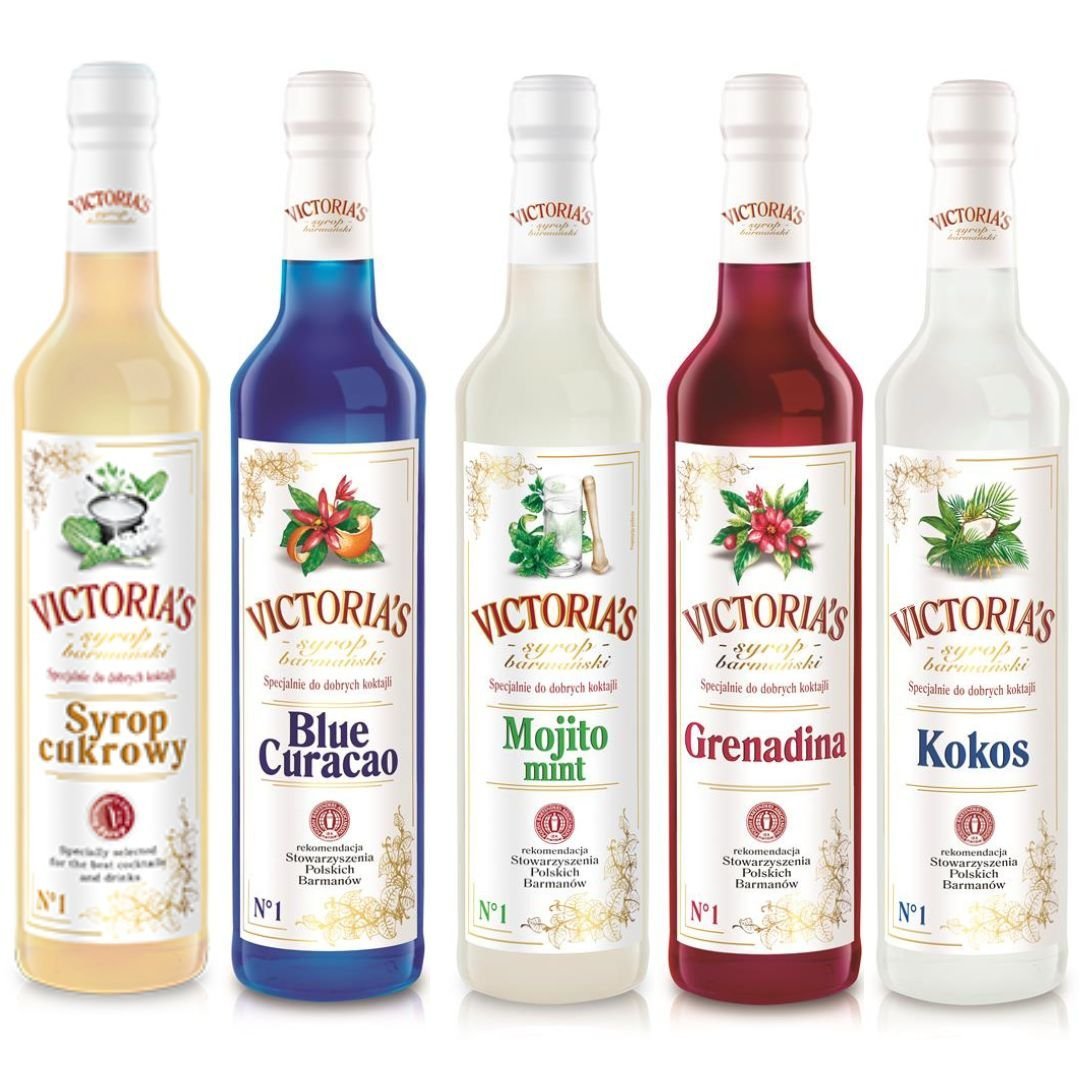 Zestaw 5 syropów Blue Curacao, Grenadina, Cukrowy, Kokos, Mojito Mint 490 ml x 5