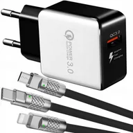 Ładowarki do telefonów - SZYBKA ŁADOWARKA SIECIOWA QC 3.0 + KABEL PANCERNY DO IPHONE MICRO USB-C 3w1 - miniaturka - grafika 1