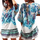 Bluzki damskie - LETNIA SUKIENKA DAMSKA MODNA TUNIKA PLAŻOWA BOHO MINI LUŹNA NARZUTKA PAREO - miniaturka - grafika 1