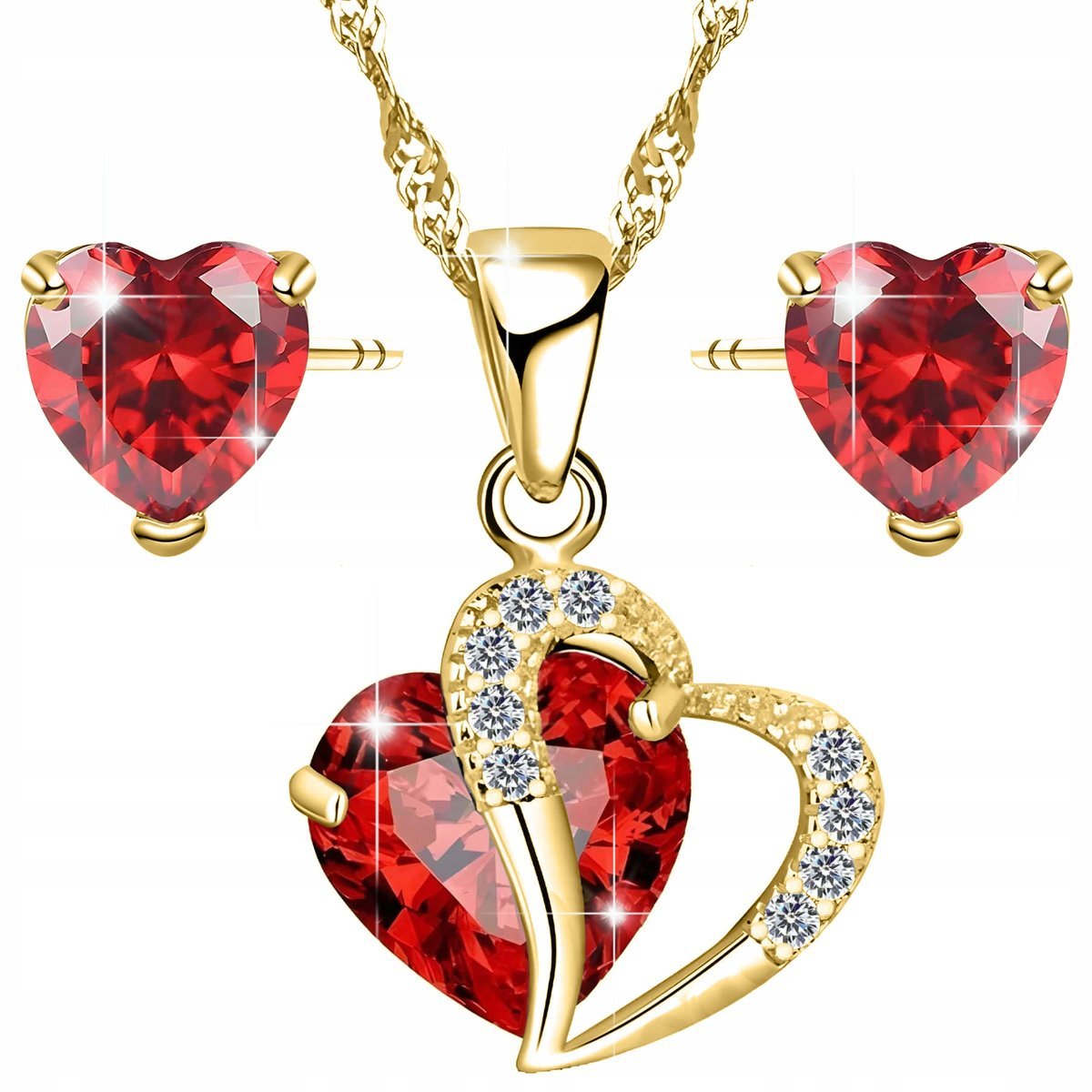 Zestaw Złoty Naszyjnik + Kolczyki na Sztyft Czerwone Kryształowe Serce s925