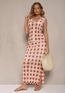 Spódnice - Czerwona Ołówkowa Spódnica z Szydełkowej Tkaniny z Gumką w Talii Banamira - miniaturka - grafika 1