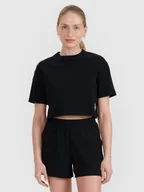 Koszulki i topy damskie - 4F T-shirt crop top z waflowej dzianiny damski - czarny L - miniaturka - grafika 1