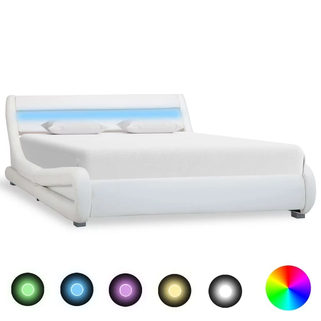Rama łóżka biała, bez materaca, sztuczna skóra, LED, 140x200