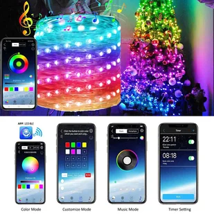 Lampki choinkowe w 12 kolorach, zasilane przez USB, migające naprzemiennie, 4,6 m, 50 diod LED, miedziany przewód, lampki choinkowe RGB, synchronizacja z muzyką, wodoodpornaReplika acja świąteczna do wnętrz i na zewnątrz, na podwórko,Replika acja imprezowa - Oświetlenie świąteczne - miniaturka - grafika 1