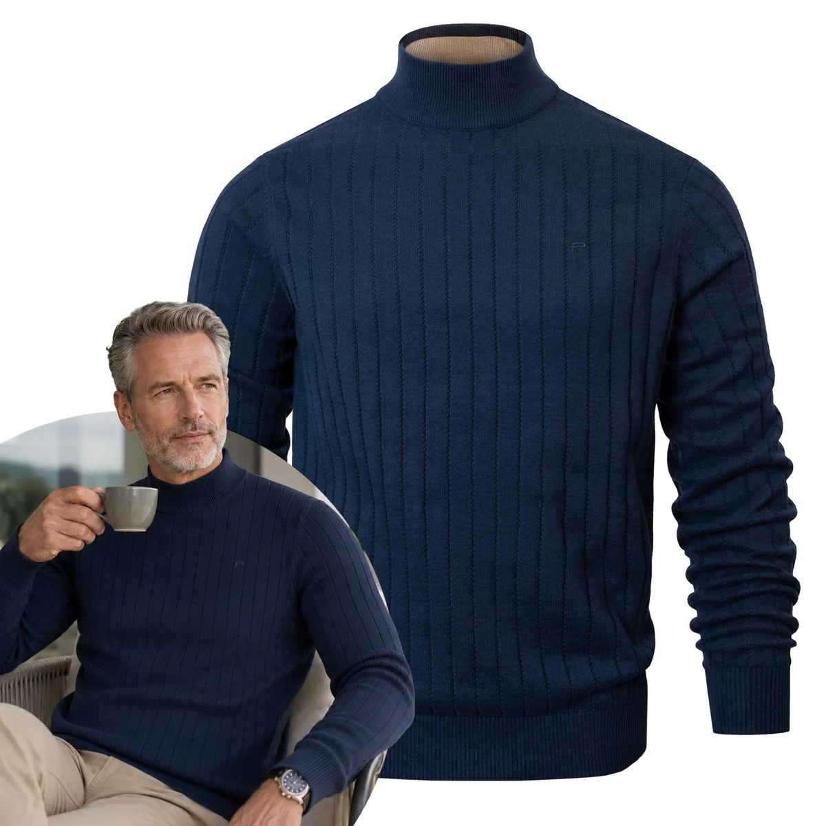 Elegancki SWETER Męski PÓŁGOLF Bawełniany Prążkowany GRANATOWY Pako Jeans Elegancki SWETER Męski PÓŁGOLF Bawełniany Prążkowany GRANAT M Pako Jeans