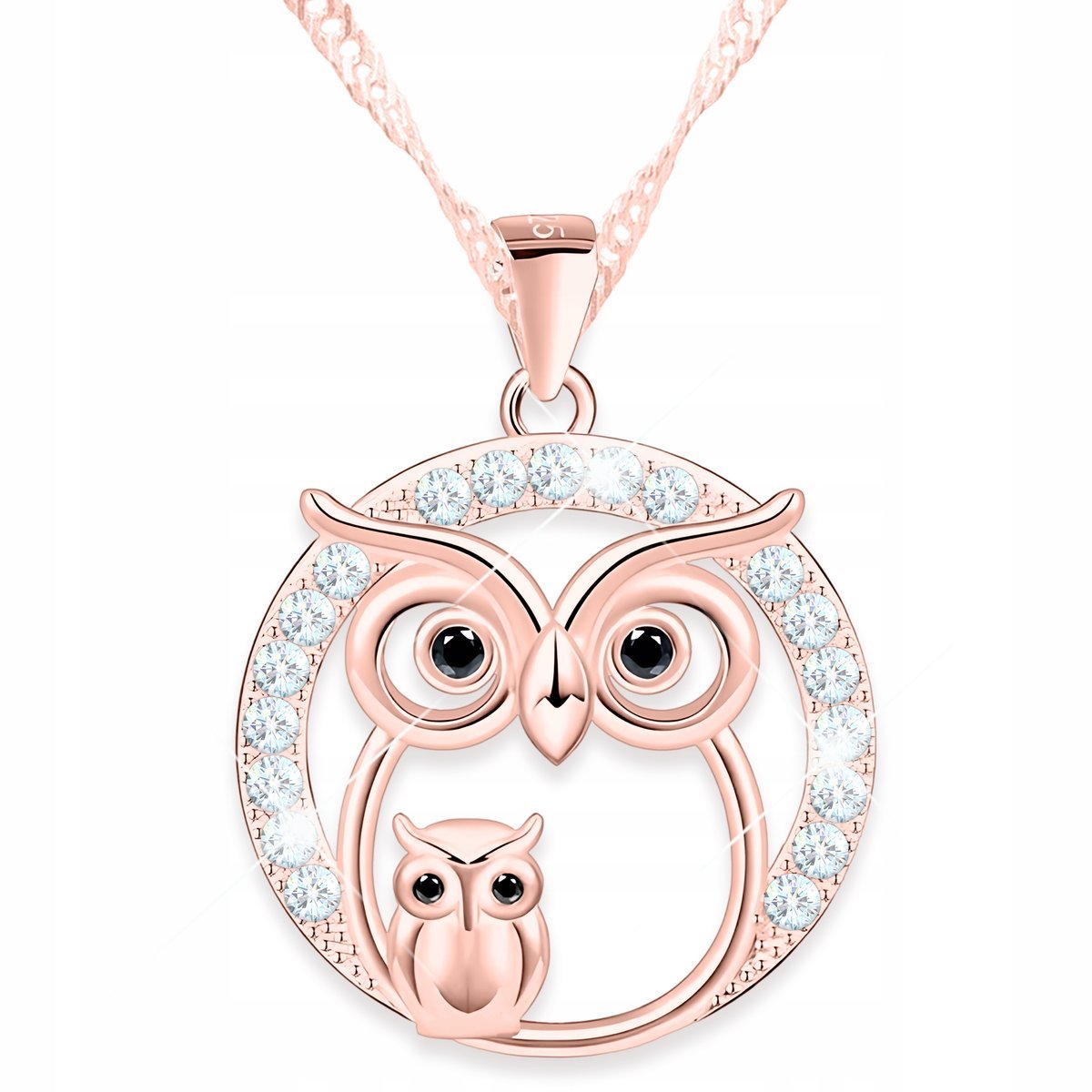 Naszyjnik Pozłacany Kółko Ptak Sowa Kryształki Czarna Cyrkonia SREBRO 925