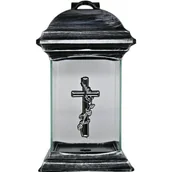 Lampiony i znicze - Znicz kapliczka szklana z aplikacją krzyż srebrny 14,5 x 26 cm srebrny - miniaturka - grafika 1