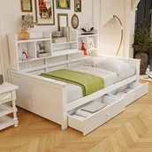 Łóżka dla dzieci i młodzieży - Łóżko dziecięce 90 x 200 cm z 2 szufladami i półkami - Drewno lite + sklejka + MDF - Białe (Materac nie jest wliczony w cenę) - miniaturka - grafika 1