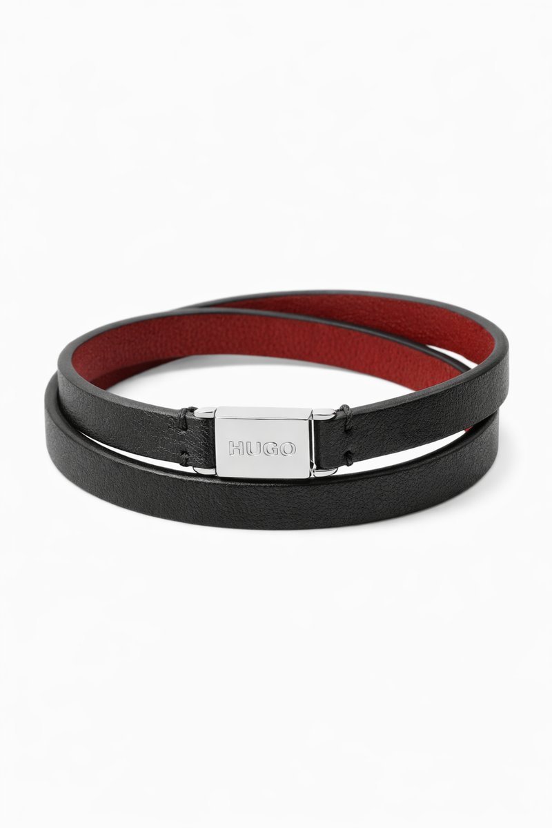 HUGO CZARNA BRANSOLETKA MĘSKA ZE SKÓRY Z SREBRNĄ KLAMRĄ I3A