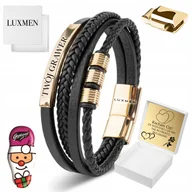 Bransolety męskie - Bransoletka Męska Czarna Skórzana Pozłacana Z Grawerem Idealna - miniaturka - grafika 1