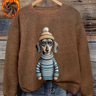 TEMU Kobieca Przytulna Bluza z Polarowym Fleece z Uroczym Nadrukiem Jamnika - Casualowy Dekolt Okrągły, Długi Rękaw, Brązowa z Białym Wykończeniem, - Bluzy damskie - miniaturka - grafika 1