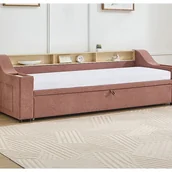 Meble do sypialni - Łóżko wysuwane 2 x 80 x 200 cm ze skrzynią i i portem USB - Tkanina - Różowy - ORAVAYA - miniaturka - grafika 1