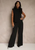 Komplety damskie - Czarny Komplet Spodnie o Szerokim Kroju i Bluzka Ozdobiona Wiązaniem Halomia - miniaturka - grafika 1