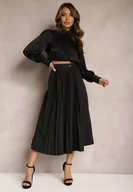 Spódnice - Czarna Plisowana Spódnica Midi z Ozdobną Klamerką o Rozkloszowanym Kroju Galeasa - miniaturka - grafika 1