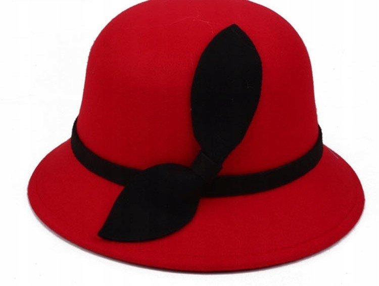 czerwonyKAPELUSZ damski typu BUCKET elegancki CYLINDER do płaszcza szykowny