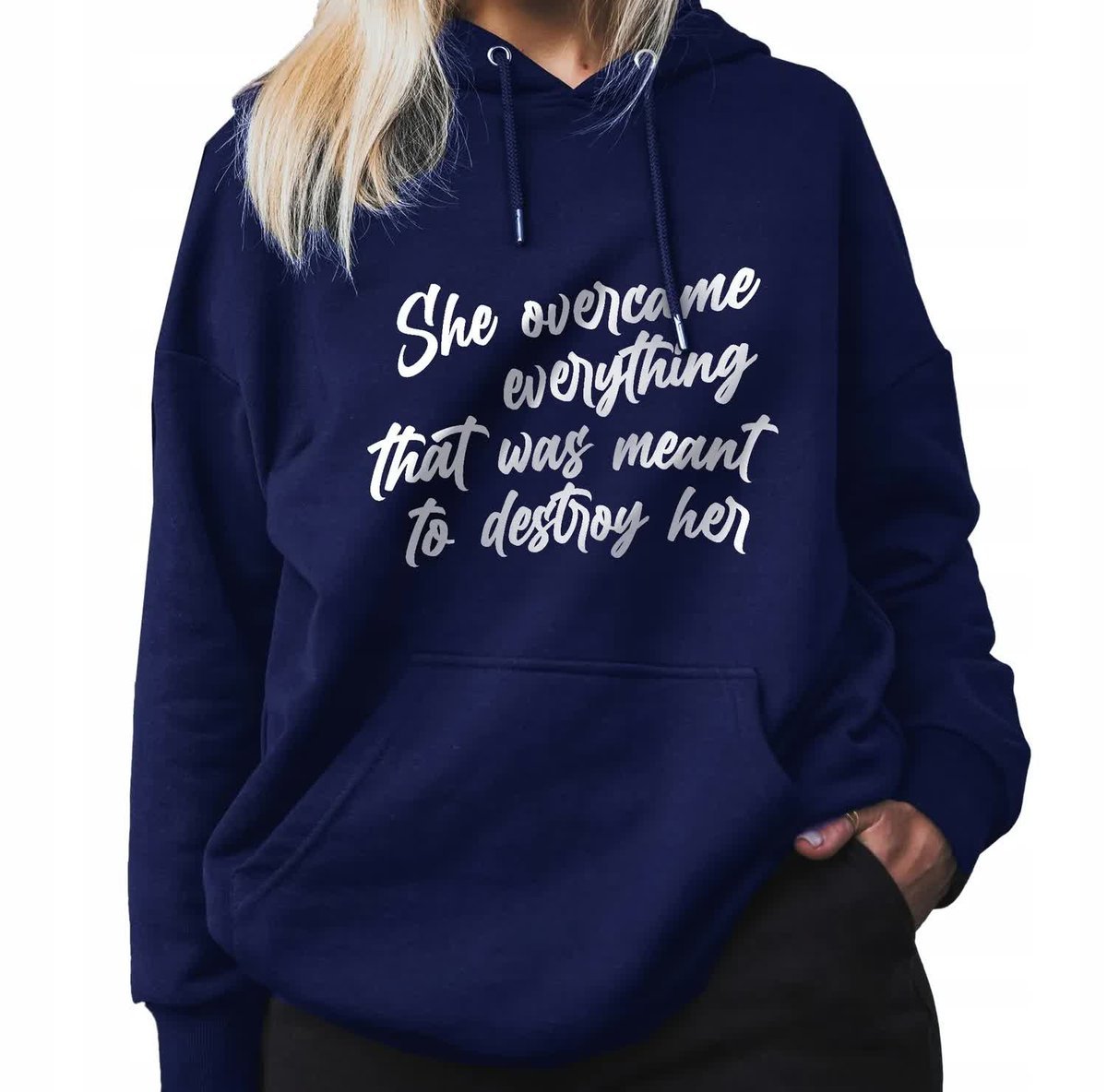 GRANATOWA BLUZA DAMSKA Z Kapturem SHE OVERCAME Zabawne Wzory Rozmiar M