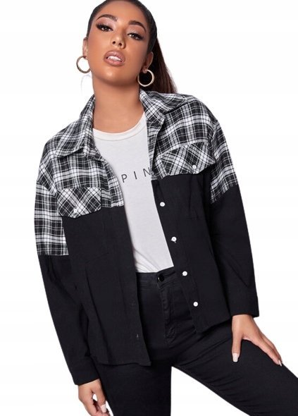 SHEIN CZARNA KOSZULA W KRATKĘ BAWEŁNIANA XS VUB