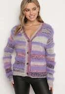 Swetry damskie - Fioletowy Kardigan z Wełną i Wiskozą na Guziki Ozdobiony Paskami Esalenia - miniaturka - grafika 1