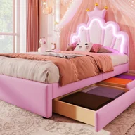 Łóżka dla dzieci i młodzieży - Tapicerowane łóżko dziecięce 90x200 cm - z diodą LED i 2 szufladami - Różowe - miniaturka - grafika 1