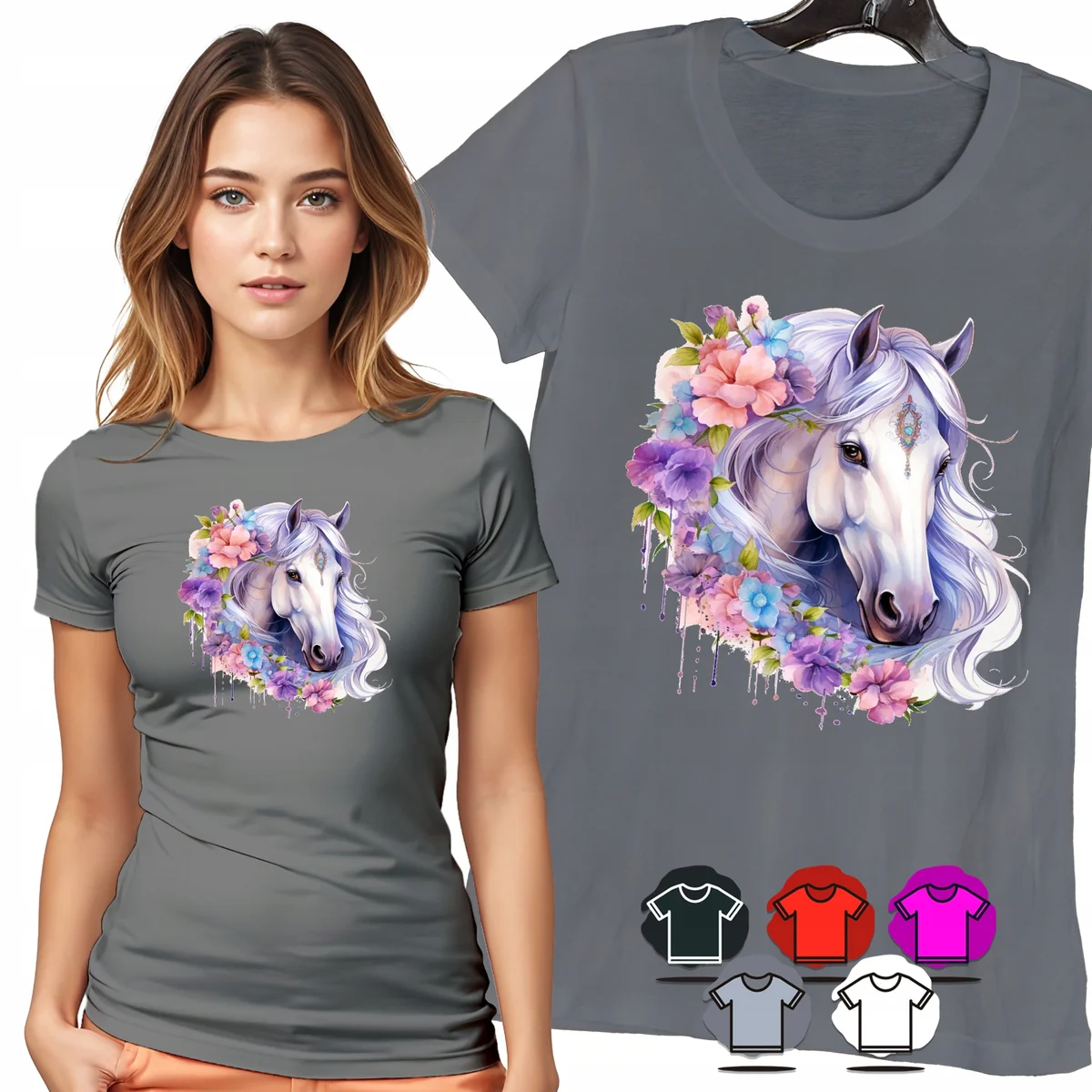 KOSZULKA DAMSKA T-SHIRT - KOŃ Z KWIATAMI FIOLETOWY PORTRET DLA NIEJ - S