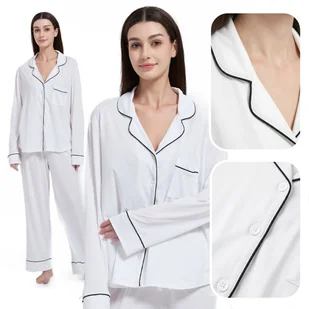 ELEGANCKA PIŻAMA DAMSKA DWUCZĘŚCIOWA PRZEBRANIE STRÓJ BIAŁA Z CZARNĄ BIZĄ M - Piżamy damskie ELEGANCKA PIŻAMA DAMSKA DWUCZĘŚCIOWA PRZEBRANIE STRÓJ BIAŁA Z CZARNĄ BIZĄ M - Piżamy damskie - miniaturka - grafika 1