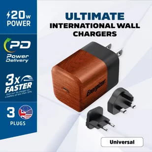 Energizer Ultimate - Ładowarka sieciowa Multiplug EU / UK / US GaN USB-C 20W PD (Walnut burl) - Ładowarki do telefonów - miniaturka - grafika 3