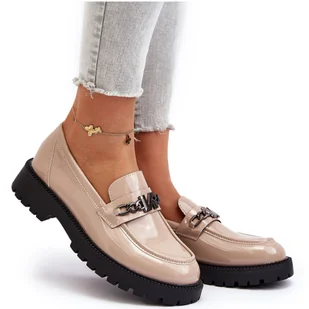 Vinceza Mokasyny Lakierowane Damskie Na Płaskim Obcasie Beżowe Ezoma beżowy - Mokasyny damskie - miniaturka - grafika 1