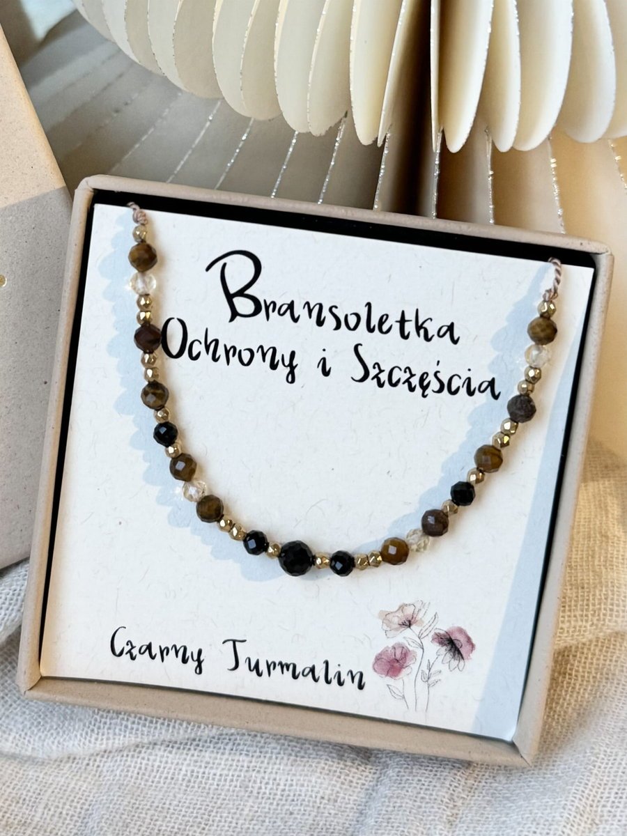 Bransoletka Ochrony i Szczęścia- z czarnym turmalinem, tygrysim okiem i złotymi hematytami na jedwabnej regulowanej nici koleżance mamie cioci siost..