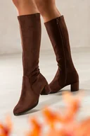 Kozaki damskie - Czekoladowe kozaki damskie Sergio Leone na niskim obcasie z elastyczną cholewką PA794 - miniaturka - grafika 1