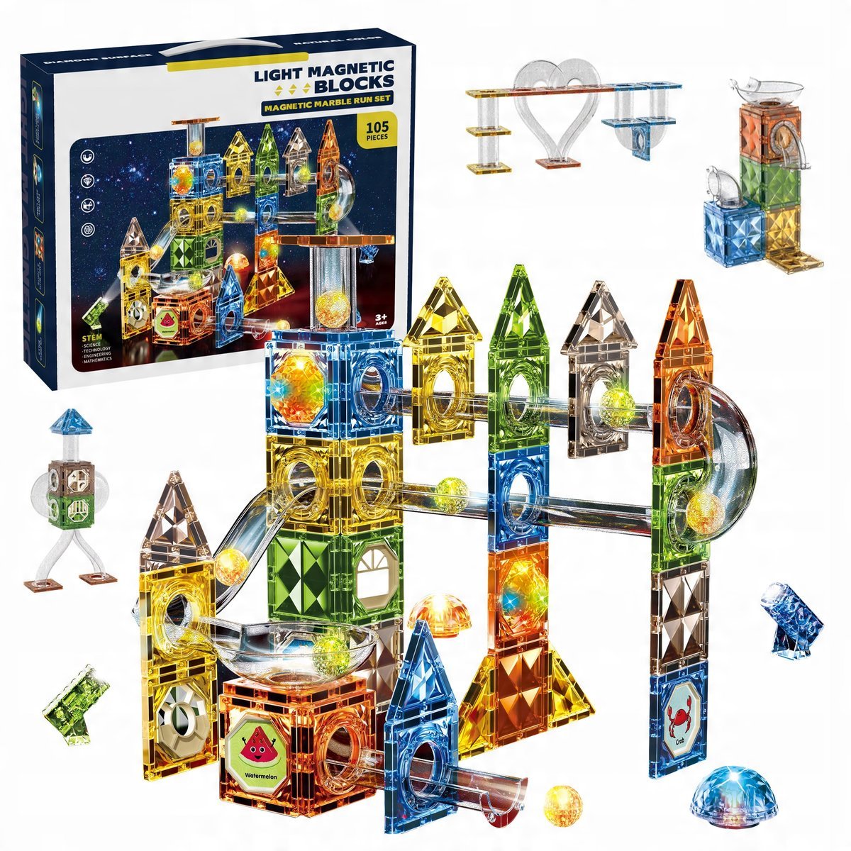 Świecący Tor Magnetyczny Klocki Edukacyjne Dla Dzieci Led Zestaw 105 El