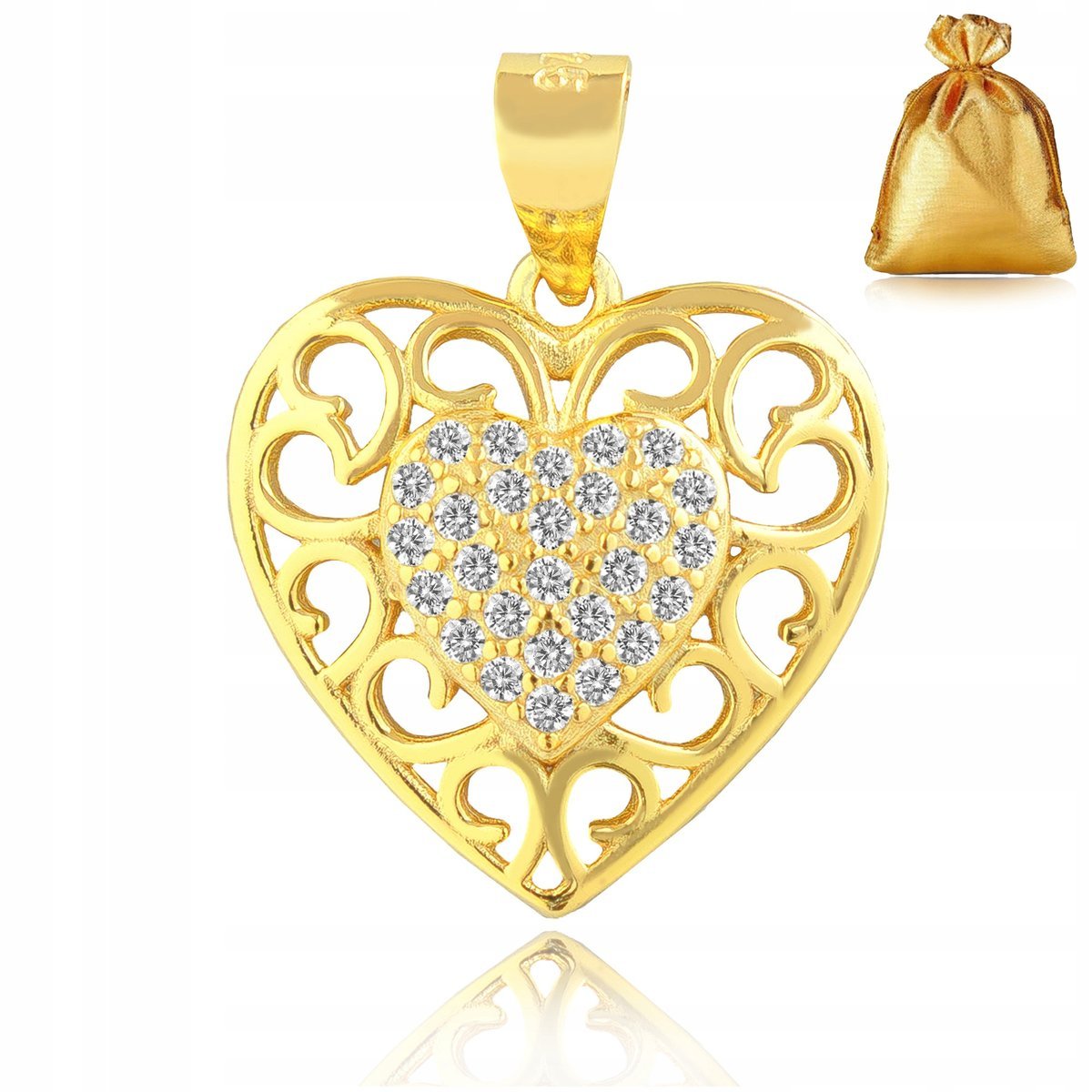 ZAWIESZKA NA ŁAŃCUSZEK 925 WISIOREK SREBRO POZŁACANE SERCE AŻUROWE CYRKONIE