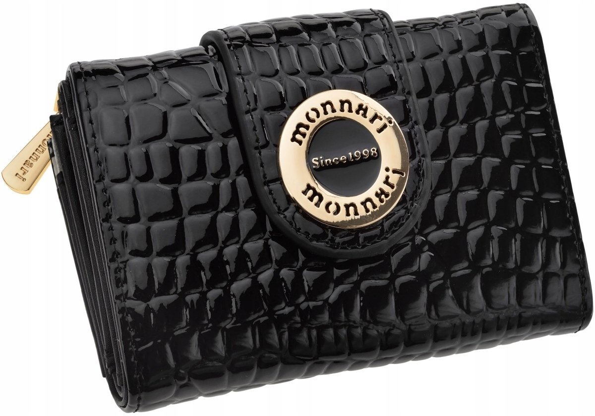 Portfel Damski Czarny Lakierowany Skóra Naturalna Monnari Mały Na Prezent