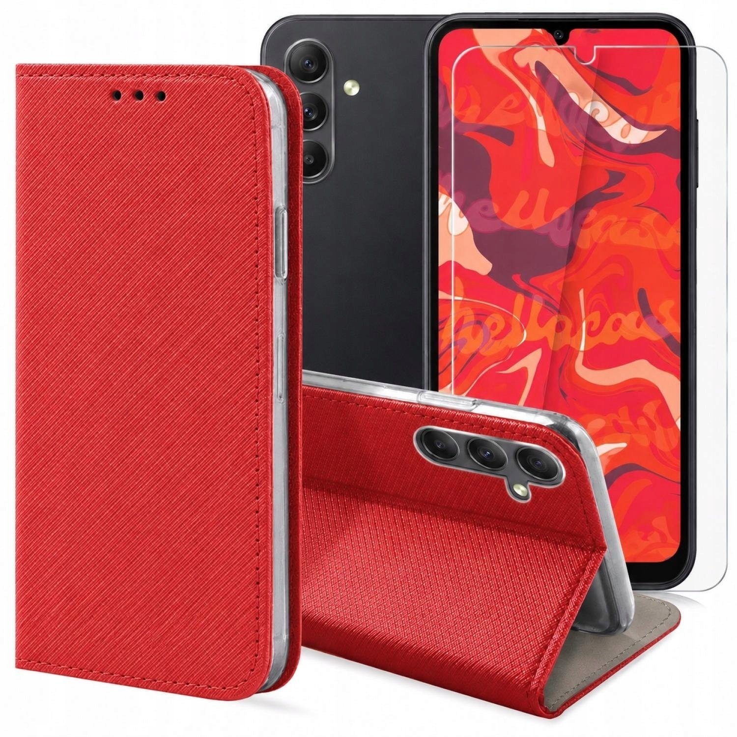 Hello Case Etui z Klapką Do Samsung Galaxy A34 5G Czerwone, Zamykane, Kabura Szkło BNDL3934