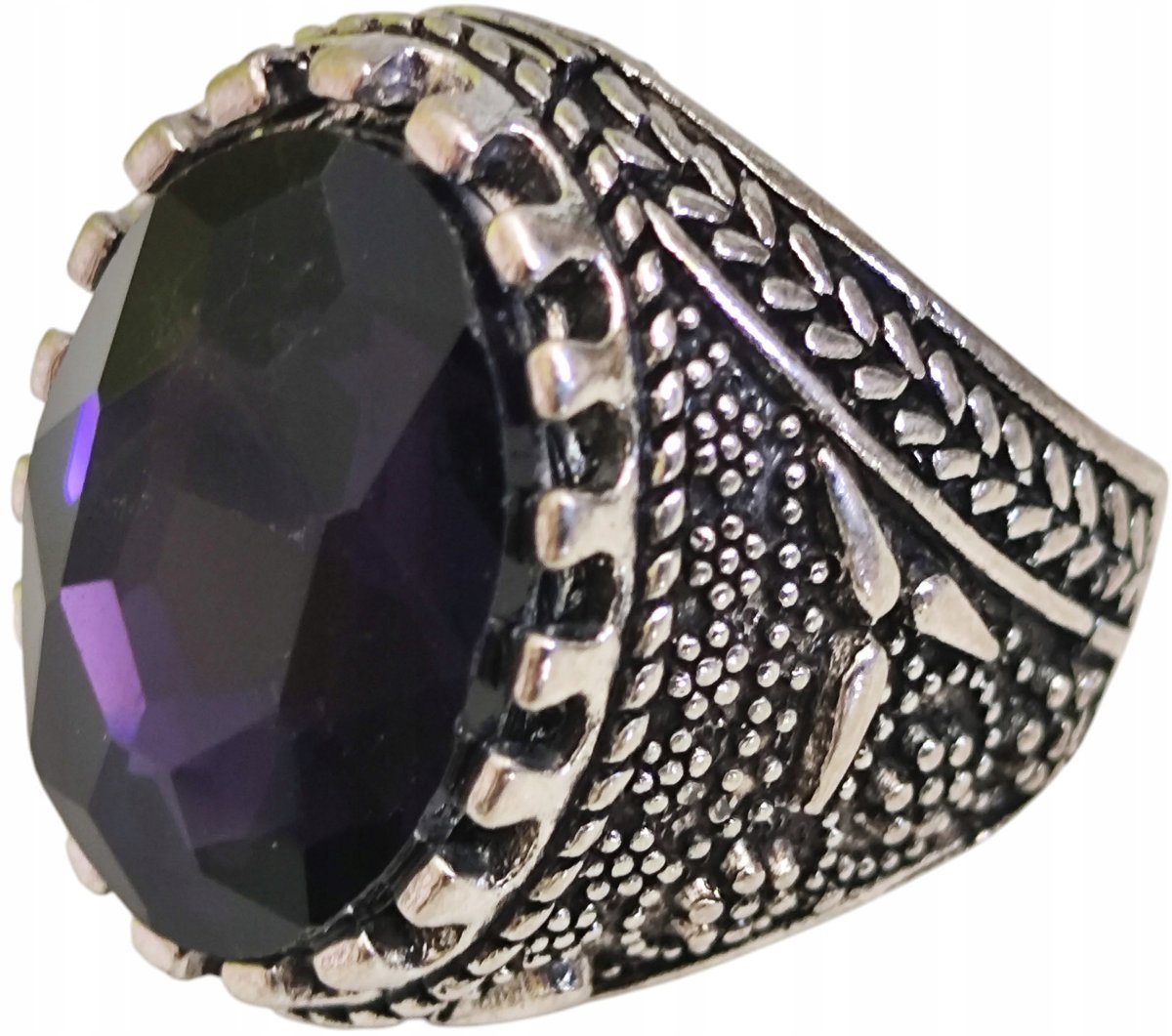 Srebrny Sygnet z Dużym Aleksandrytem Czarny Kamień Stal Szlachetna Vintage