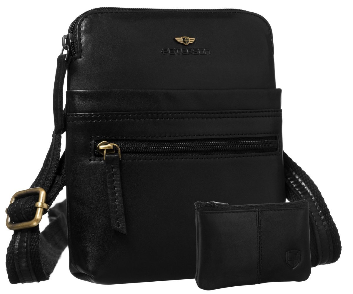 Mała torebka męska skórzana PETERSON listonoszka na ramię saszetka miejska na suwak kieszonki elegancka czarna + etui na klucze