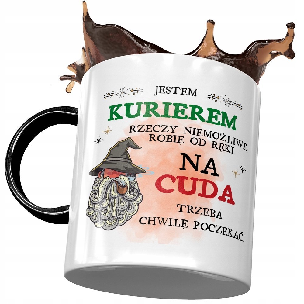 Kubek Czarny Kuriera Na Cuda Trzeba Poczekać z Nadrukiem ze Zdjęciem + Opakowanie na prezent (wzór 01)