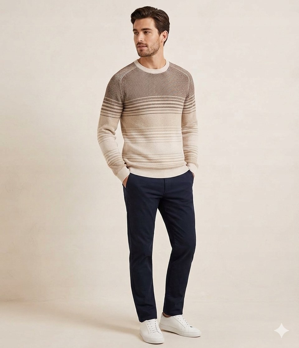 TOM TAILOR BEŻOWO BRĄZOWY SWETER MĘSKI W PASKI Z OKRĄGŁYM DEKOLTEM XL 7BA