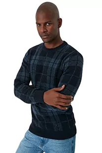 Trendyol Męska bluza z okrągłym dekoltem w kratę slim sweter, granatowy, L, granatowy, L - Swetry męskie - miniaturka - grafika 1