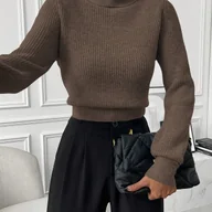 Swetry damskie - TEMU Elegancki sweter damski z wysokim dekoltem - Bluzka z długim rękawem i kołnierzykiem, elastyczny materiał na jesień/zimę, do biura, na imprezę, - miniaturka - grafika 1