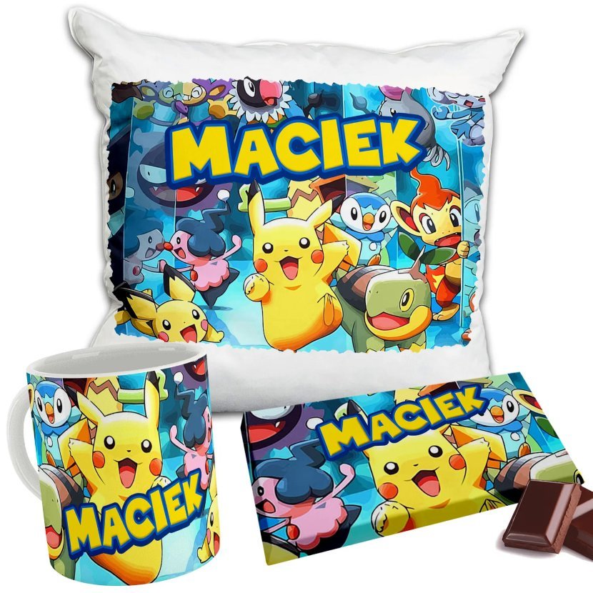 Zestaw POKEMON GO Kubek + Poduszka + Czekolada + Imię Prezent Nadruk