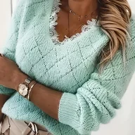 Swetry damskie - TEMU Sweter damski z dekoltem w serek - Miękki i elegancki, jasno miętowy, wszechstronny na każdą porę roku, casual i formalne stylizacje, kolekcja - miniaturka - grafika 1