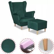 Fotele - Fotel uszak Angelo z podnóżkiem pikowany zielony - miniaturka - grafika 1