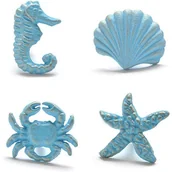 Zawiasy, okucia i inne akcesoria - Zestaw 4 żeliwnych uchwytów do szuflad (niebieskich) z motywem plaży i oceanu, ozdobionych konikami morskimi, rozgwiazdami, krabami i muszlami. Pasuj - miniaturka - grafika 1