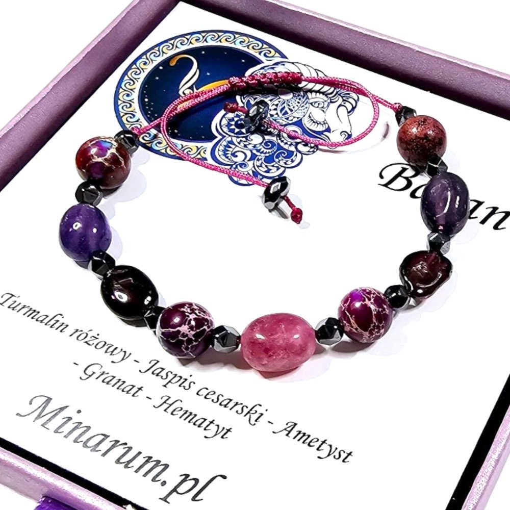 Bransoletka znak zodiaku Baran Granat Turmalin Ametyst bransoletka z kamieni naturalnych