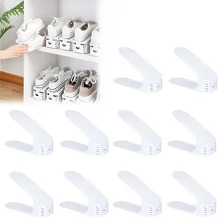 TWOLIIN Regulowane stojaki na buty Stojak na buty 10 sztuk Biały, Stojak na buty oszczędzający miejsce 3-stopniowa regulacja, Organizer na buty Antypoślizgowy - Szafki na buty - miniaturka - grafika 1