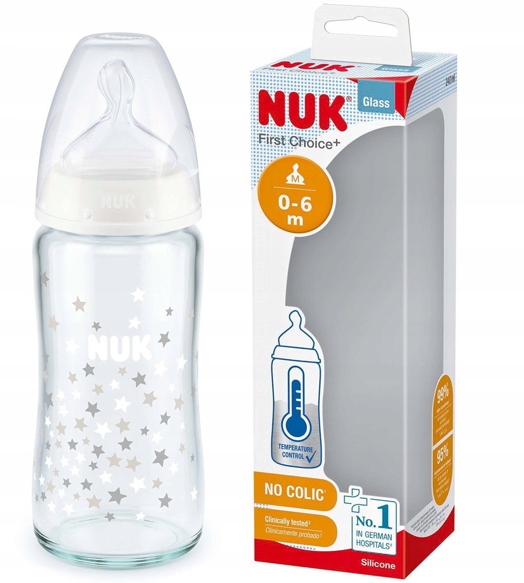 NUK First Choice+ szklana butelka Kontrola temp antykolkowa 240 ml 0-6m