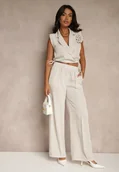 Komplety damskie - Beżowy Komplet Spodnie o Szerokim Kroju i Kopertowa Bluzka ze Ściągaczem Reavilora - miniaturka - grafika 1