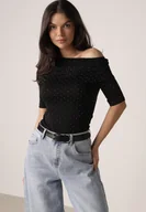 Bluzki damskie - Czarna Bluzka z Cyrkoniami i Dekoltem w Łódkę Saloriel - miniaturka - grafika 1