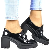 Mokasyny damskie - Damskie Półbuty Skórzane Mokasyny Na Słupku Obcasie Filippo Dp4785 Czarne Lakierowane - miniaturka - grafika 1