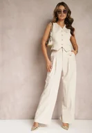 Spodnie damskie - Beżowe Eleganckie Spodnie Garniturowe z Wysokim Stanem Lainiva - miniaturka - grafika 1